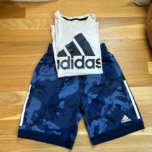 Adidas Boys’ Medium Navy Camouflage shorts and white T-shirt with navy/gray camo